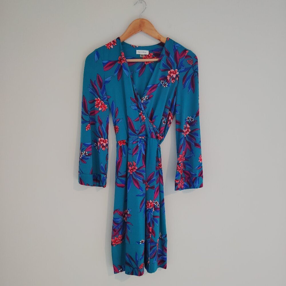 Calvin Klein Faux Wrap Green and Blue dress - Picture 2 of 6